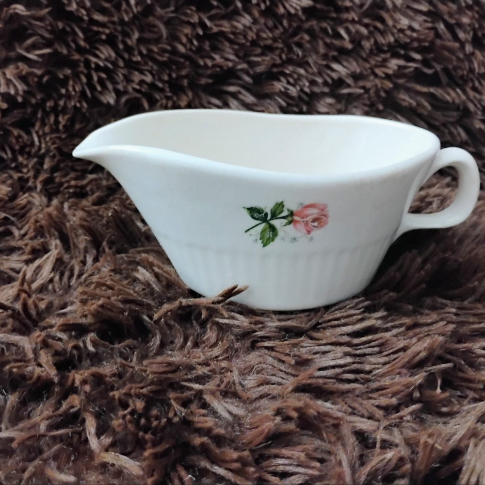 Vintage White Gravy Boat with Pink Rose Design
